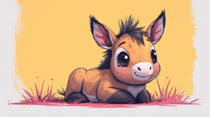 Poster -  a small brown and white animal laying on top of a field of grass next to a yellow background with a pink spot on the side of the animal's head.