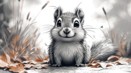 Wall Mural -  a black and white picture of a squirrel in a field of grass with leaves on the ground and grass in the foreground, with a gray sky in the background.