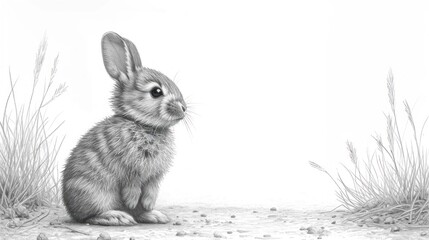 Wall Mural -  a black and white drawing of a rabbit sitting on the ground in front of a grass and rocks area with rocks on the ground and grass in the foreground.