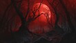 Fantasy landscape with blood moon in the forest.. A haunted forest under the eerie glow of a blood-red moon. Distorted shadows and skeletal branches create a sense of impending doom.