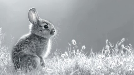 Wall Mural -  a black and white photo of a rabbit sitting in a field of grass and looking off into the distance, with a gray sky behind it is a black and white background.