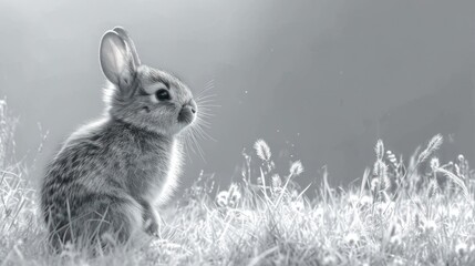 Canvas Print -  a black and white photo of a rabbit sitting in a field of grass and looking off into the distance, with a gray sky behind it is a black and white background.