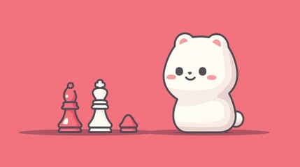 Canvas Print -  a white cat sitting next to a black and white chess piece on top of a pink background with a white cat next to a black and white chess piece on top.