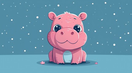 Canvas Print -  a pink hippo sitting on top of a snow covered ground in front of a blue sky with snow flakes on the ground and a snowflakes on the ground.