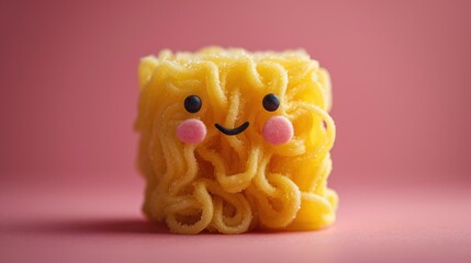 Poster -  a close up of a cake made to look like a face and a piece of food in the shape of a face on a pink surface with a pink background.