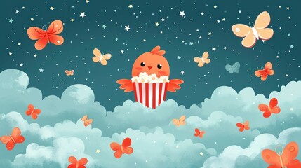 Poster -  a painting of a bird sitting on a popcorn box in the clouds with butterflies around it and a sky full of stars and a sky full of clouds with stars.