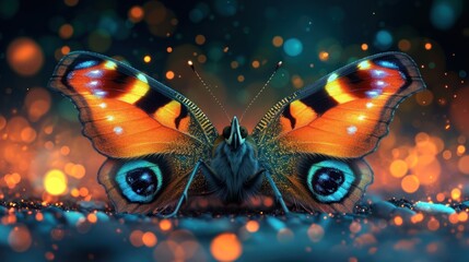 Poster -  a close up of a butterfly on a surface with blurry lights in the background and a blurry boke of lights in the foreground to the foreground.