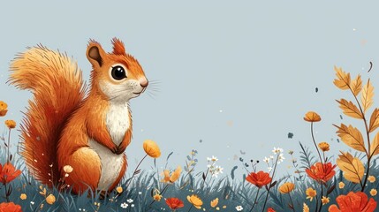 Canvas Print -  a painting of a squirrel in the middle of a field of wildflowers with a blue sky in the background and a few orange flowers in the foreground.