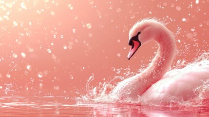 Canvas Print -  a close up of a swan in a body of water with drops of water on it's back and a pink background with a pink sky in the background.