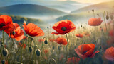 Fototapeta Do pokoju - Impresyjny obraz, górzysty krajobraz z kwiatami czerwonych maków