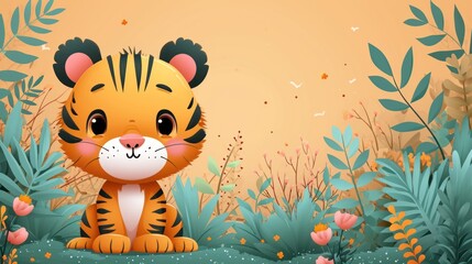 Wall Mural -  a cartoon tiger sitting in the middle of a jungle with flowers and plants around it, with a yellow background with leaves and flowers around it, and an orange sky with a.