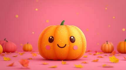 Wall Mural -  an orange pumpkin with a smiley face surrounded by falling leaves on a pink background with a pink wall behind it and a pink background with a few orange and yellow leaves.