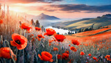Fototapeta Fototapety do pokoju - Impresyjny obraz, górzysty krajobraz z kwiatami czerwonych maków