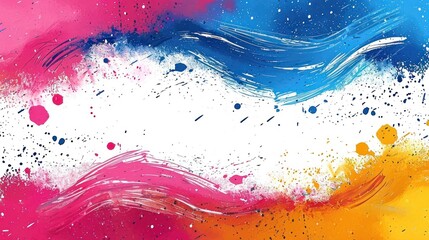 Sticker -  an abstract painting with paint splatters and splatters on the bottom of the image, and a white background with blue, red, yellow, pink, orange, and blue, and pink colors.