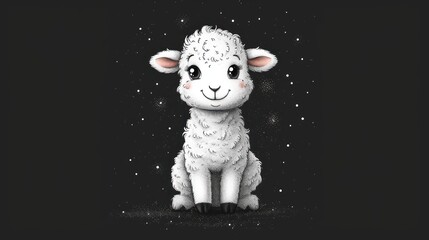 Canvas Print -  a white sheep sitting in the middle of a black background with snow flakes on it's face and a black background with stars in the middle of the background.