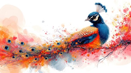 Sticker -  a painting of a peacock sitting on top of a tree branch with red, orange, and blue feathers on it's tail and a white background with watercolor splashes.