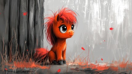 Canvas Print -  a painting of a pony with red hair sitting on the ground next to a fence and looking at the camera with a sad look on it's face and eyes.