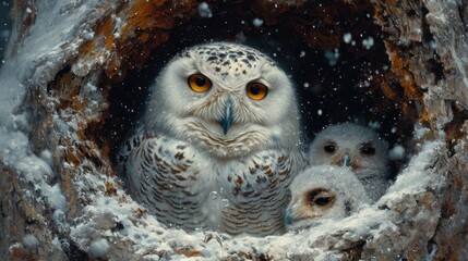 Canvas Print -  a group of owls sitting inside of a hole in a tree trunk with snow on the ground and snow flakes on the ground around the owl's head.