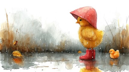 Poster -  a painting of a duckling with a red hat and rubber boots in the rain with a duckling in the foreground and another duckling in the background.