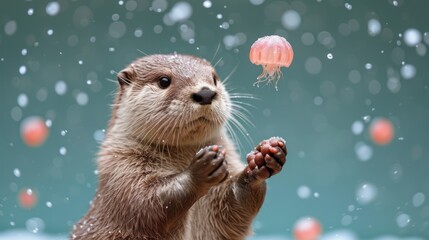 Canvas Print -  a close up of a small animal with a jelly fish in it's mouth and a jelly fish floating in the air in front of it's mouth.