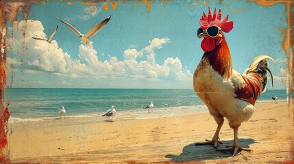 Poster -  a rooster standing on top of a sandy beach next to the ocean with seagulls flying over the ocean and a blue sky with white clouds in the background.