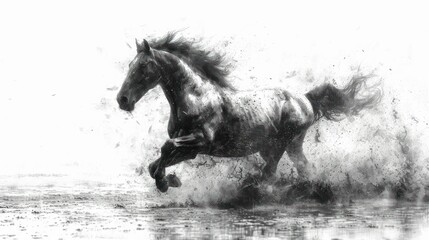 Canvas Print -  a black and white photo of a horse running in the water with it's front legs in the air and it's front legs out of the water.