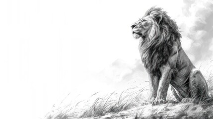 Canvas Print -  a black and white photo of a lion sitting on top of a grass covered hill with clouds in the background and a black and white photo of a lion in the foreground.