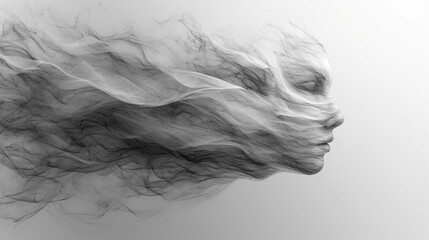 Wall Mural -  a black and white photo of a woman's face with smoke coming out of the top of her head and the bottom part of her body visible part of her head.