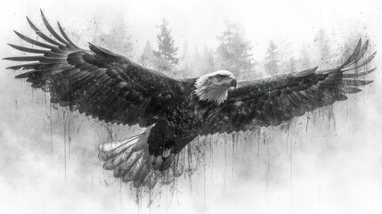 Poster -  a black and white photo of a bald eagle flying in the air with its wings spread out, with trees in the background and a foggy sky in the foreground.