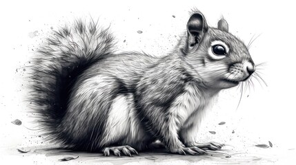 Wall Mural -  a black and white picture of a squirrel with a surprised look on it's face, standing on its hind legs, with its front paws on the ground.