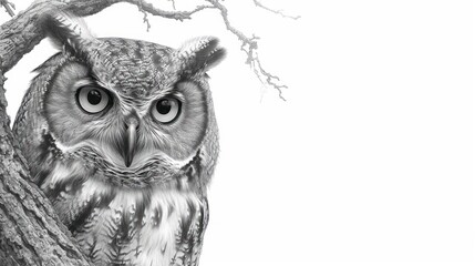 Poster -  a black and white photo of an owl sitting on a tree branch with its eyes wide open, looking at the camera, with a white background of a bare tree branch with no leaves.