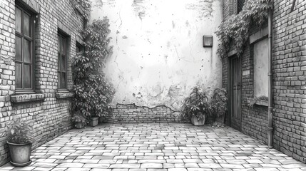 Sticker -  a black and white drawing of a brick alleyway with potted plants on either side of the door and a window on the other side of the alleyway.