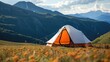 A tent in a field with mountains in the background