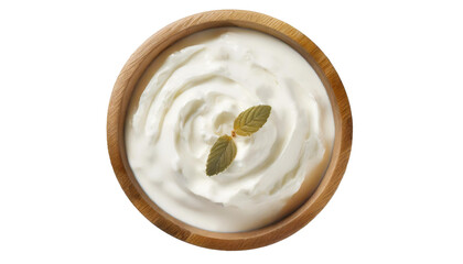 Greek yogurt in wooden bowl isolated on transparent background.