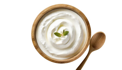 Wall Mural - Greek yogurt in wooden bowl isolated on transparent background.