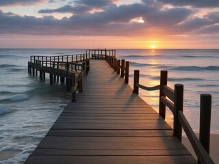 Wall Mural - Wooden pier on the beach at beautiful sunset in the evening