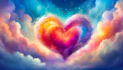 Wall Mural - Beautiful colorful Valentine day heart in the clouds as abstract background