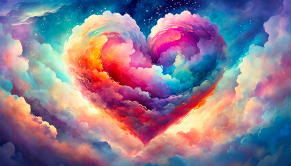 Wall Mural - Beautiful colorful Valentine day heart in the clouds as abstract background