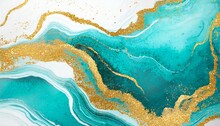 Teal And Gold Marble Abstract Background, Agate Ripple Pattern, 16:9 Widescreen Backdrop / Wallpaper