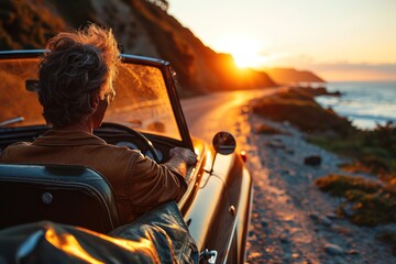 A man driving a retro car on the road near the sea at sunset