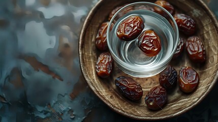 Wall Mural - Dates fruit in a glass of water on a dark background.