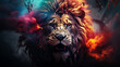© VinaAmeliaGRPHIC - realistic Angry Lion face zoo park Vector Artwork, Lion king , splash smoke rainbow background  , Generate AI