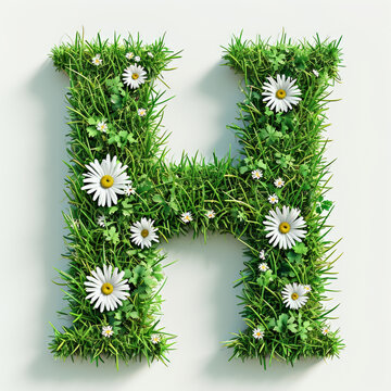 The letter h is made of grass and daisies