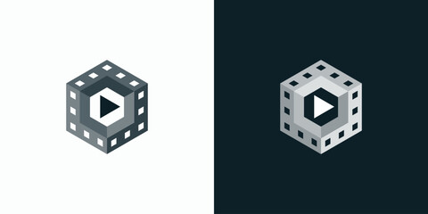 Poster - Cube shape film strip vector logo design with three dimensional effect.