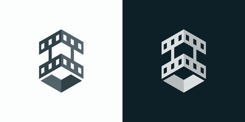 Poster - Cube shape film strip vector logo design with three dimensional effect.