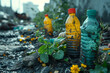 Einige Flaschen und Plastikmüll bedeckten den Boden  mit einer Pflanze