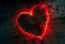 Neon Light Painting Titled "Breaking The Heart," Evoking Emotional Intensity With A Style That Is Emotionally Charged, Featuring Cracked Patterns, And A Color Palette Of Light Black And Crimson