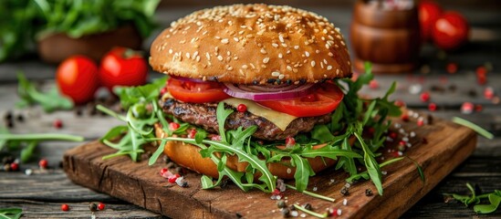 Sticker - Burger on wooden board with beef, tomatoes, cheese, arugula, chard. Street fast food.