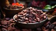 Close-up view of cocoa beans and finely ground cocoa powder, commonly used in chocolate production and baking