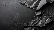 Crumpled And Torn Black Paper Remains On A Rough Black Surface, Leaving Half Of The Image Space For Text. Concept Image Background